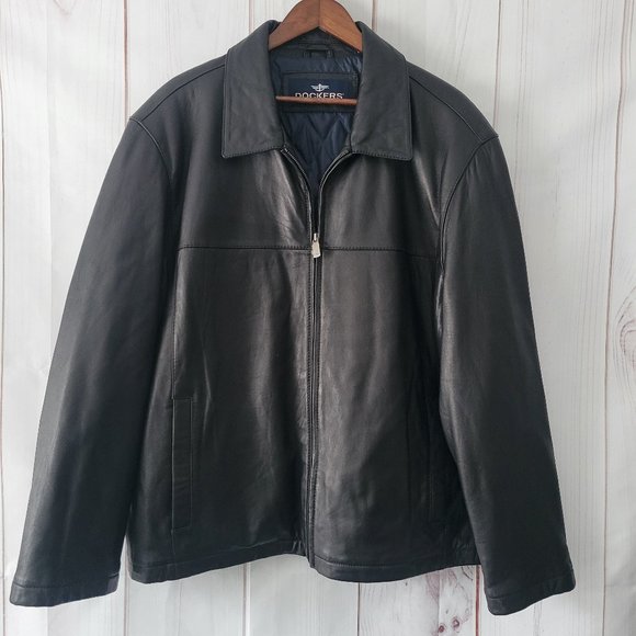 Dockers Men’s XXL Classic 100% Genuine Black Leather Zip Front Collar Jacket EUC - Picture 1 of 11